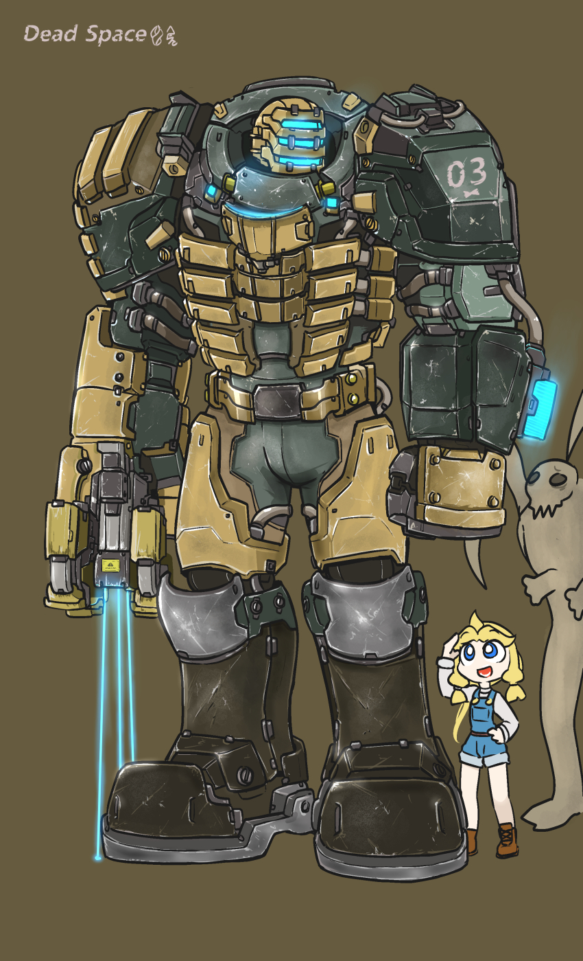 1girl absurdres armor blonde_hair blue_eyes boots dead_space green_background helmet highres kim_crab laser_sight mecha necromancer plasma_cutter robot slasher_(dead_space)