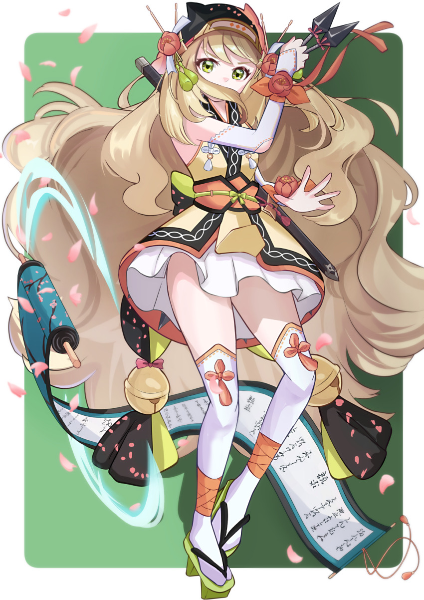 1girl bandana blonde_hair border celine_(fire_emblem) celine_(ninja)_(fire_emblem) check_commentary commentary commentary_request detached_sleeves fire_emblem fire_emblem_engage fire_emblem_heroes full_body green_background green_eyes green_sandals hair_over_mouth highres holding_kunai holding_weapon japanese_clothes kojikoji_(kojikoji_illust) kunai long_hair looking_at_viewer ninja nintendo official_alternate_costume outside_border petals ribbon sandals scroll sheath skirt solo thighhighs thighs very_long_hair weapon white_border white_skirt white_thighhighs