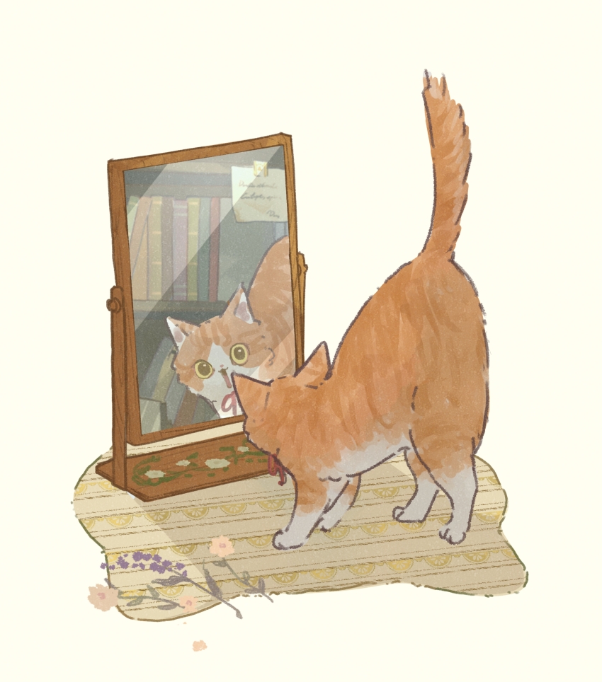 absurdres animal_focus bookshelf cat commentary_request flower full_body highres indoors looking_at_mirror mirror neck_ribbon no_humans oimo_imoo open_mouth orange_cat orange_fur original purple_flower red_ribbon ribbon scared simple_background tail_raised white_background white_fur wooden_floor yellow_eyes