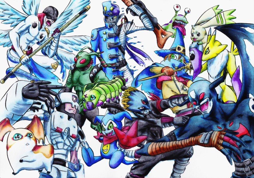 andromon angel angel_boy angemon armor beelzebumon devimon digimon digimon_(creature) green_eyes impmon mark_of_evil mummymon numemon patamon renamon scarf skull spikes stingmon tail terriermon wings wizard wizarmon wormmon