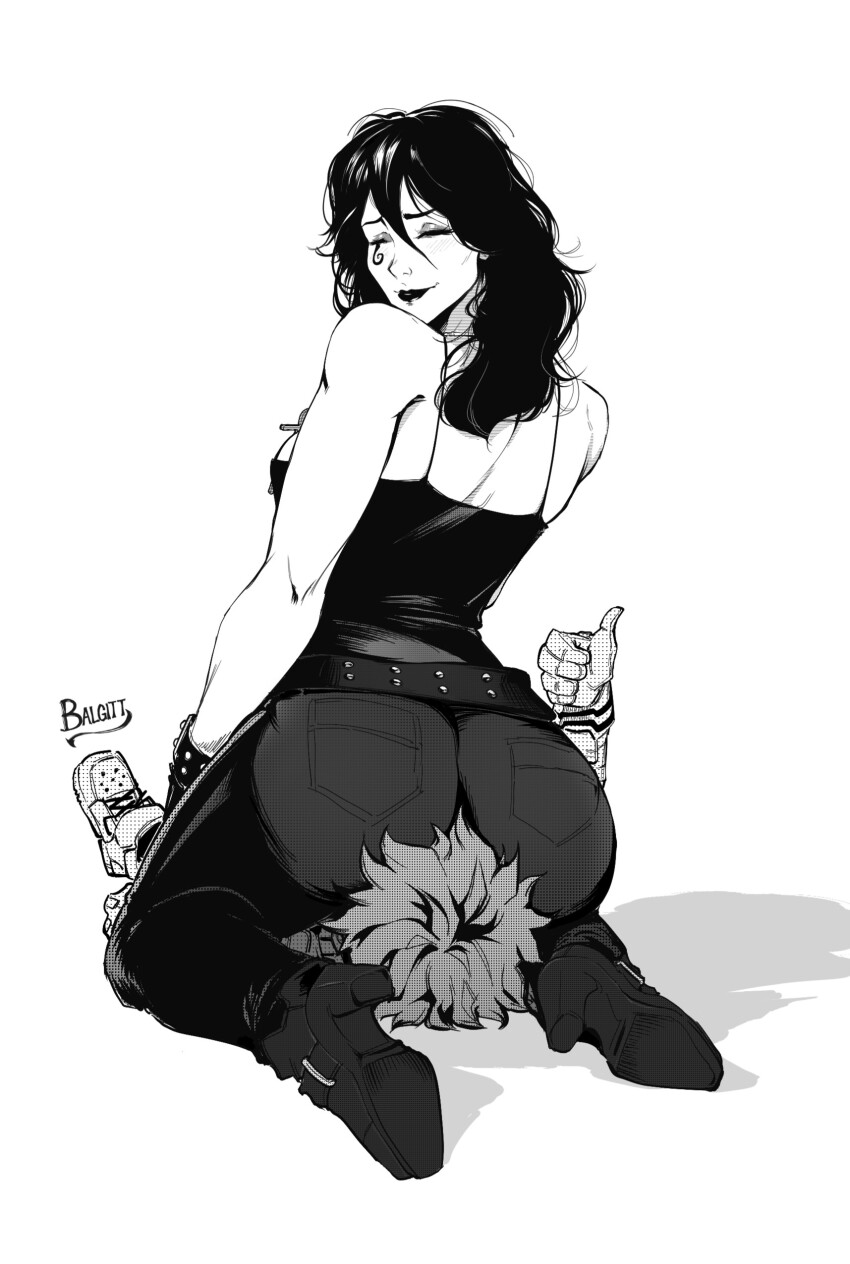 1boy 1girl absurdres ass blush boku_no_hero_academia boots crossover dc_comics death_of_the_endless denim dithering face_in_ass femdom gloves goth_fashion greyscale highres jeans midoriya_izuku monochrome pale_skin pants pocket shirt sitting sitting_on_face sitting_on_person smile the_sandman_(dc) thumbs_up tight_clothes tight_pants victorbalgitt
