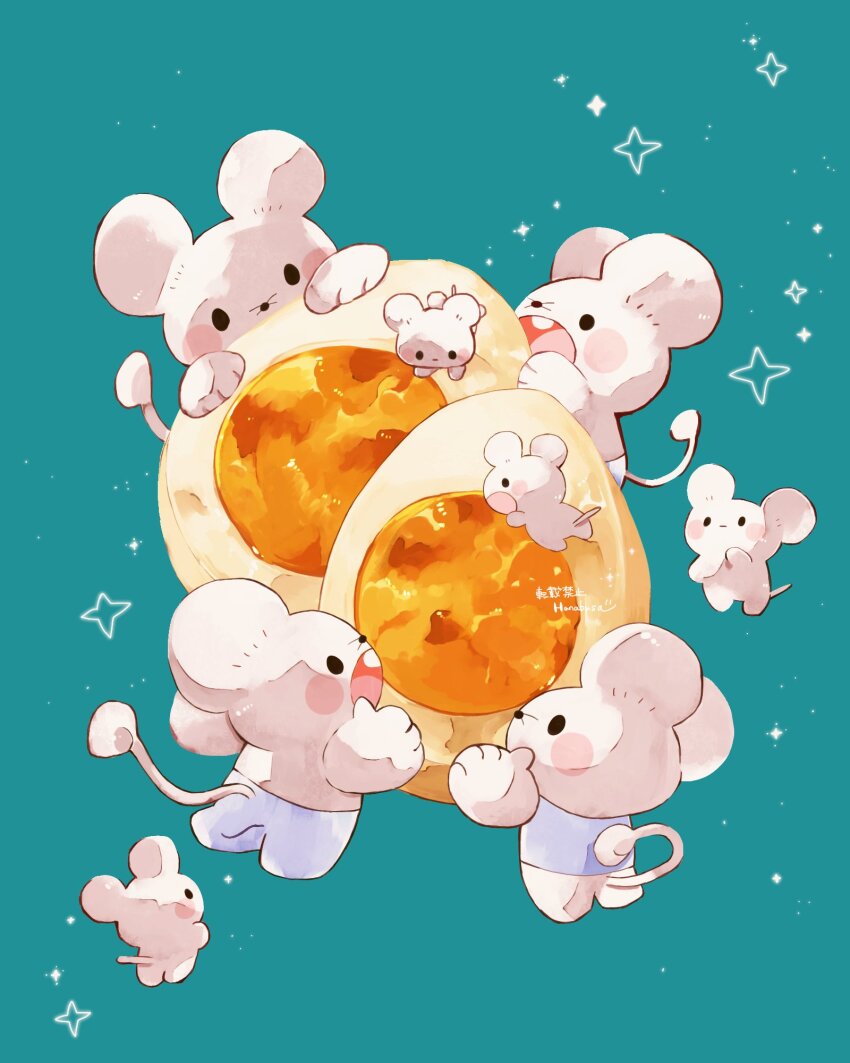 animal_focus aqua_background commentary_request egg_(food) egg_yolk food hanabusaoekaki highres maushold maushold_(family_of_four) maushold_(family_of_three) mouse_(animal) nintendo no_humans open_mouth pokemon pokemon_(creature) simple_background solid_oval_eyes sparkle white_fur