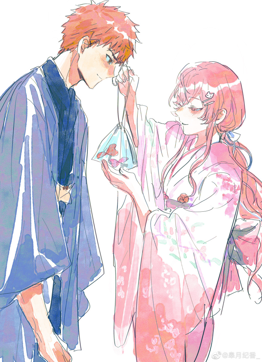 1girl absurdres artist_self-insert bag bagged_fish blue_kimono blush bow breasts couple dress emiya_shirou fate/stay_night fate_(series) festival fish floral_print floral_print_kimono gaoyue_jixiang hair_ornament highres japanese_clothes kimono long_hair long_sleeves momomiya_shizuku_(gaoyue_jixiang) non-web_source obi oc_x_canon original pink_kimono print_kimono sash short_kimono smile tasuki yukata