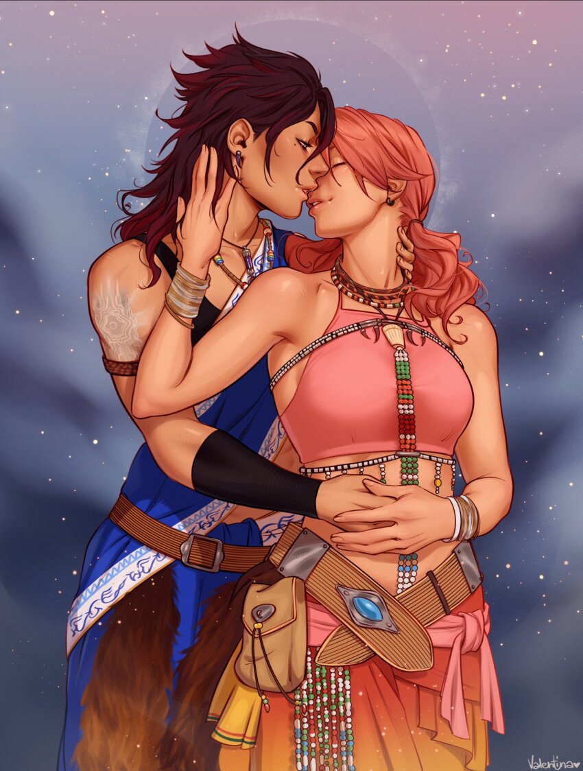 2girls armlet belt bracelet couple final_fantasy final_fantasy_xiii hand_on_another&#039;s_stomach highres holding_hands imminent_kiss indian_clothes jewelry loose_belt multiple_girls multiple_necklaces necklace oerba_dia_vanille oerba_yun_fang pelt pink_hair sari sash tattoo valentina_tavolilla yuri