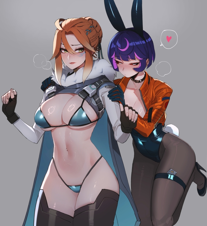 2girls absurdres adapted_costume animal_ears breasts fake_animal_ears freja_(overwatch) highres jacket juno_(overwatch) leotard multicolored_hair multiple_girls navel orange_jacket overwatch pantyhose pink_hair playboy_bunny purple_hair rabbit_ears ratatatat74 short_hair strapless strapless_leotard two-tone_hair