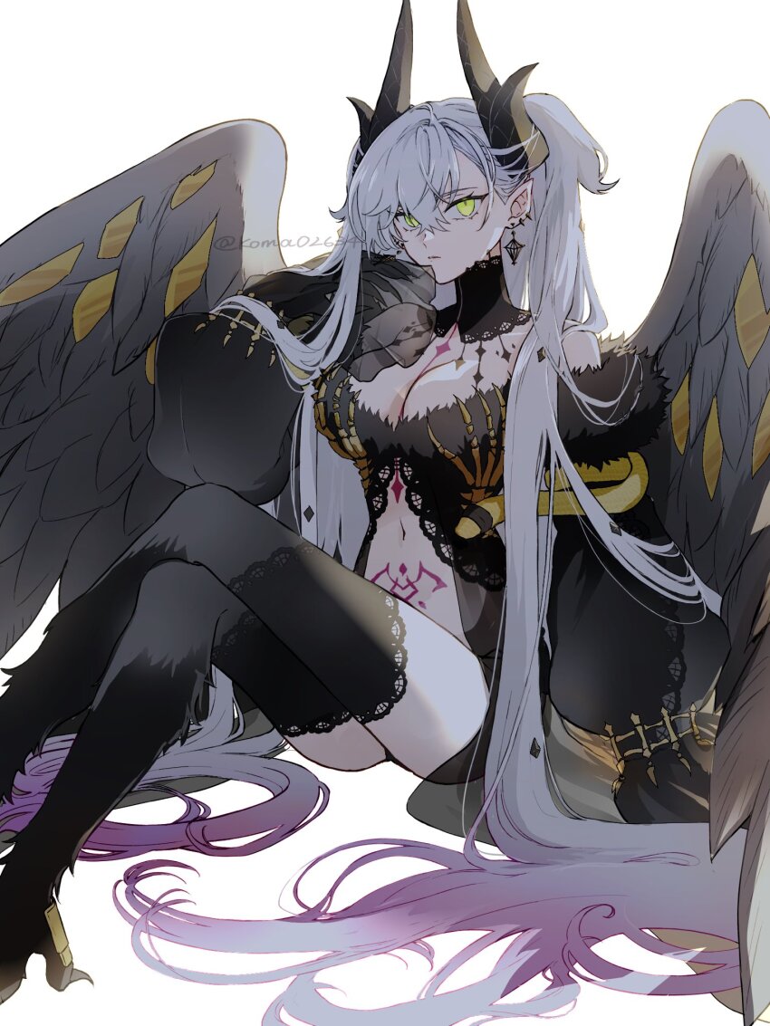1girl :/ animal_feet arm_support artist_name back bare_shoulders bird_wings black_claws black_collar black_fur black_horns black_nails black_panties black_robe black_scales black_skin blindfold body_fur bracelet breasts cleavage closed_mouth collar colored_skin demon_girl demon_horns demon_wings detached_collar diamond_hair_ornament ear_piercing earrings expressionless fate/grand_order fate_(series) feathers feet_out_of_frame finger_to_face fingernails full_body fur-trimmed_robe fur_trim gold_bracelet gold_scales gold_snake golden_feathers golden_wings gradient_hair gradient_skin green_eyes grey_feathers grey_hair grey_wings hair_around_horn hair_between_eyes highres horns huge_horns jewelry koma02634 lace lace-trimmed_legwear lace-trimmed_robe lace_trim large_breasts lilith_(fate) lilith_(third_ascension)_(fate) long_hair long_horns long_sleeves looking_at_viewer mature_female multicolored_hair multiple_piercings nail_polish neck_collar open_clothes open_robe pale_skin panties piercing pink_hair pink_tattoo pointy_ears pubic_tattoo puffy_long_sleeves puffy_sleeves robe see-through_clothes see-through_robe see-through_sleeves sharp_fingernails simple_background skeletal_bracelet skeletal_tail slit_pupils snake snake_wrapped_around_arm solo spiked_ear_piercing stomach stomach_tattoo swept_bangs tattoo thighs toe_claws twitter_username two-tone_hair two-tone_wings underwear very_long_hair very_long_robe white_background wings