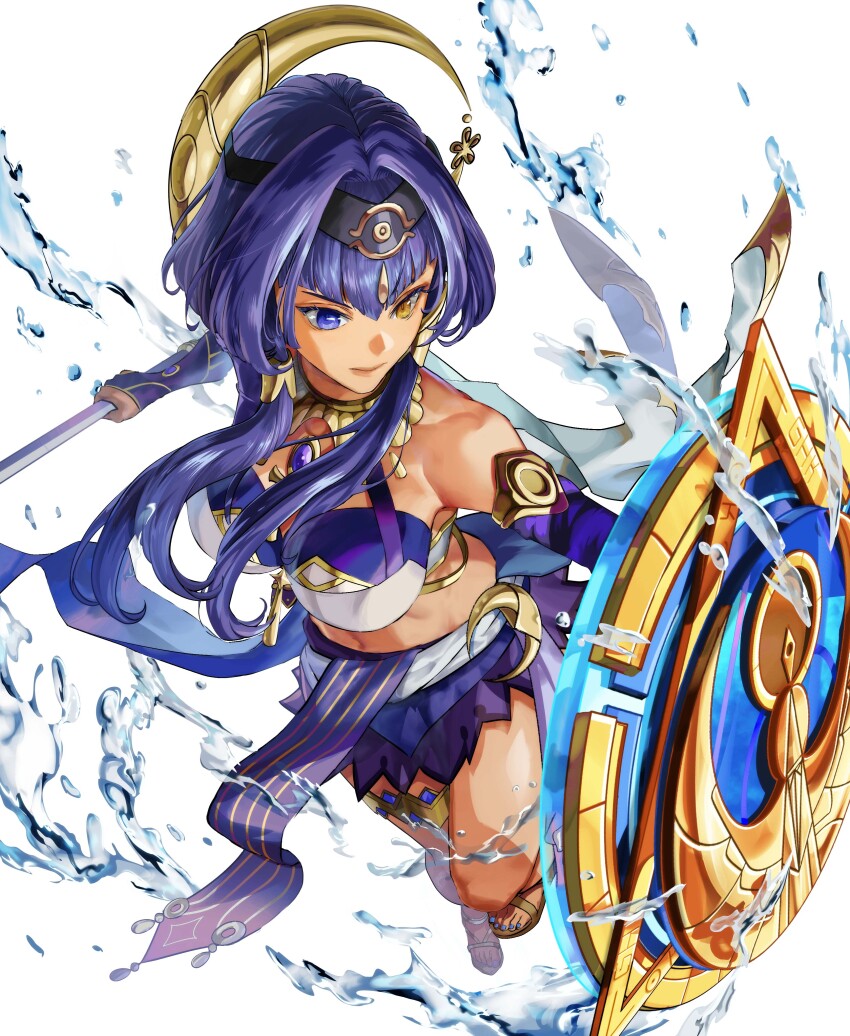 1girl 2632f absurdres ancient_egyptian_clothes ankh bare_shoulders blue_eyes blue_gemstone blue_hair blue_nails breasts candace_(genshin_impact) closed_mouth dark-skinned_female dark_skin elbow_gloves eye_of_horus feet fingerless_gloves gem genshin_impact gloves gold_choker gold_trim hair_ornament hair_tubes heterochromia highres holding holding_polearm holding_shield holding_weapon jewelry large_breasts long_hair looking_ahead nail_polish navel neck_ring polearm sandals shield short_hair_with_long_locks sidelocks simple_background solo thighlet thighs toenail_polish toenails toes toned toned_female water weapon white_background yellow_eyes