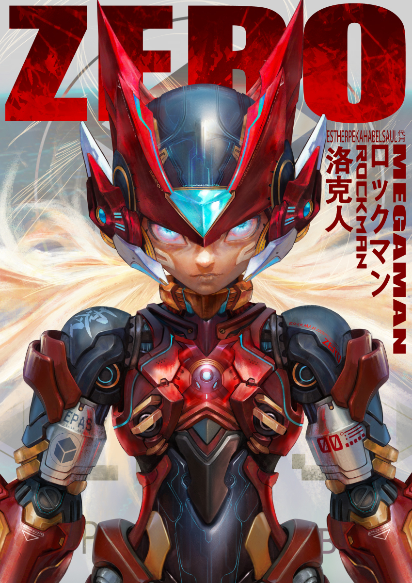 1boy absurdres android armor blonde_hair blue_eyes character_name forehead_jewel helmet highres long_hair male_focus mega_man_(series) mega_man_zero_(series) narcissus111 red_armor red_helmet solo upper_body zero(z)_(mega_man) zero_(mega_man)