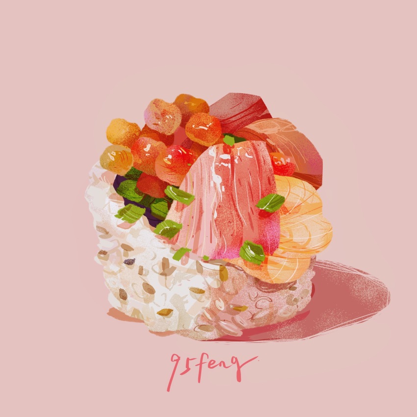 chinese_commentary chopped_spring_onion commentary_request fengmeimm fish_(food) food food_focus food_request highres ikura_(food) no_humans original pink_background realistic rice shadow signature simple_background still_life sushi