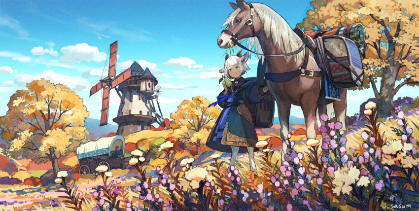 1girl 1other animal_ears backpack bag blue_dress blue_ribbon blunt_bangs cart closed_mouth commentary dark_skin dress eating faceless flower food fruit full_body goat_ears goat_girl goat_horns grass green_eyes holding holding_food holding_fruit horns horse layered_dress long_sleeves looking_away mill original outdoors pear ribbon saddle saddlebags sasumata_jirou scenery signature solo_focus standing tree white_hair windmill