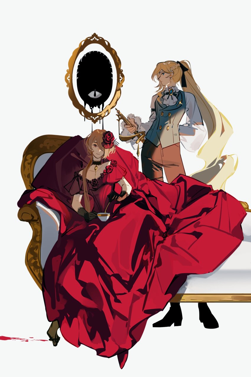 2girls absurdres amulet black_footwear black_gloves black_pants blonde_hair choker collarbone couch dress durandal_(honkai_impact) earrings flower full_body gloves head_tilt highres holding holding_sword holding_weapon honkai_(series) honkai_impact_3rd jewelry long_dress long_hair looking_at_viewer mirror multiple_girls pants ponytail profile rapier red_dress rita_rossweisse rose shirt sitting sword tea very_long_hair weapon white_shirt wife_and_wife ylceon