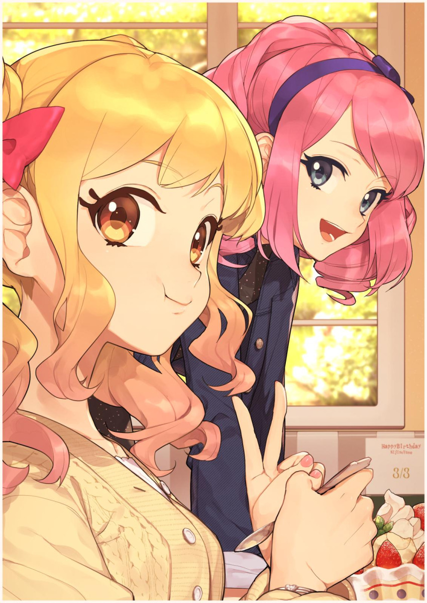 2girls :d :t aikatsu! aikatsu!_(series) blonde_hair blue_eyes blue_jacket border bow closed_mouth commentary_request eating food fruit hair_bow hairband highres hitoto jacket long_hair long_sleeves looking_at_viewer multiple_girls nijino_yume open_mouth pink_hair purple_hairband red_bow sakuraba_rola shirt short_hair smile strawberry twintails upper_body white_border yellow_eyes yellow_shirt