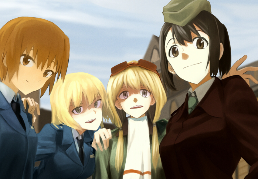 4girls :d black_necktie blonde_hair blue_jacket blue_sky brown-framed_eyewear brown_eyes brown_hair brown_jacket building carla_j._luksic closed_mouth day garrison_cap geena_preddy goggles goggles_on_head green_eyes green_hat green_necktie grey_eyes hair_tie hat jacket jennifer_j_deblanc long_hair long_sleeves looking_at_viewer low_twintails marian_e._carl military military_uniform multiple_girls necktie noble_witches open_mouth outdoors scarf shiratama_(hockey) short_hair sky smile tareme twintails upper_body white_scarf world_witches_series
