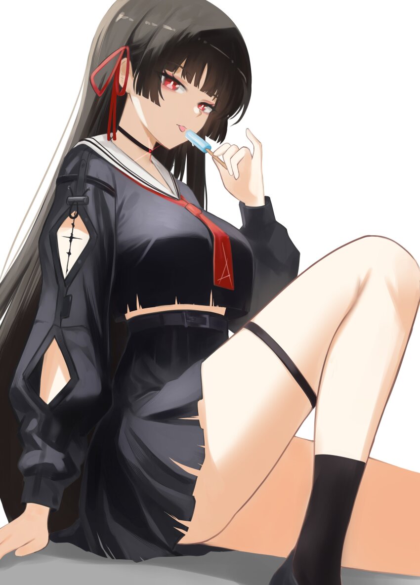 1girl absurdres black_hair black_serafuku black_shoes black_skirt black_socks blunt_bangs blunt_sidelocks bright_pupils chisa_(wuthering_waves) commentary food hair_ribbon highres hime_cut holding holding_food holding_popsicle long_hair long_sleeves looking_at_viewer looking_to_the_side neckerchief neimu_(neimuru) pleated_skirt popsicle red_eyes red_neckerchief red_ribbon ribbon sailor_collar school_uniform serafuku shoes sidelocks skirt socks solo tacet_mark_(wuthering_waves) thigh_strap tongue tongue_out white_pupils white_sailor_collar wuthering_waves