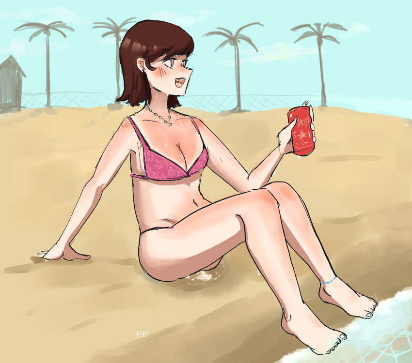 1girl anklet arm_support barefoot beach bikini bikini_tan blush breasts brown_eyes brown_hair can chain-link_fence cleavage cloud collarbone drink drink_can fence floral_print here4thefun highres holding holding_drink jewelry looking_to_the_side medium_breasts navel necktie ocean open_mouth original palm_tree peeing peeing_self pink_bikini print_bikini puddle sand short_hair sitting sky smile soaking_feet soda soda_can star_(symbol) swimsuit tan tanline teeth tree water wet