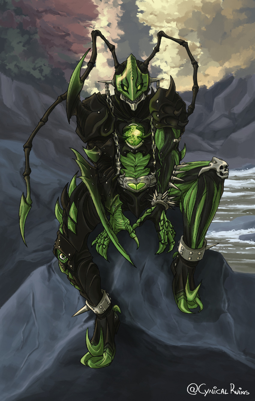 1boy absurdres antennae armor aurora_(cynicalruins) bracelet claws colored_skin green_eyes green_skin highres jewelry joker_(blade) kamen_rider kamen_rider_blade_(series) looking_at_viewer monster no_humans outdoors shoulder_armor sitting spiked spiked_bracelet spikes tokusatsu twitter_username