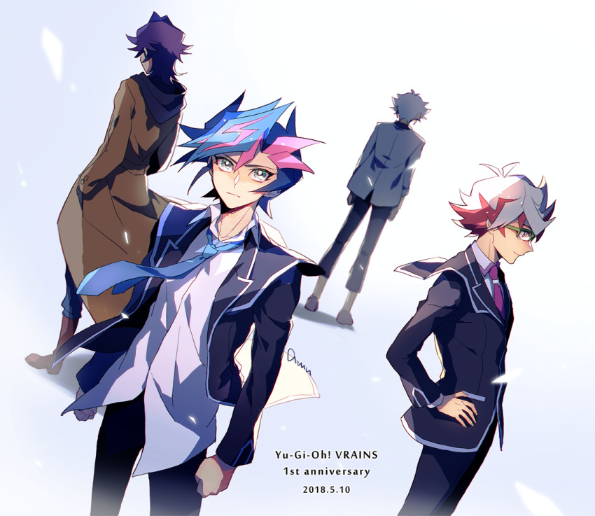 4boys amano_(amn_0w0) arms_at_sides bad_id bad_pixiv_id black_jacket black_pants blue_eyes blue_hair blue_necktie brown_jacket clenched_hands coat colored_bangs dappled_sunlight dated denim dress_shirt english_text facing_away facing_to_the_side facing_viewer fujiki_yusaku glasses green_eyes grey_jacket hands_in_pockets hands_on_own_hips homura_takeru hood hoodie jacket jeans kogami_ryoken kusanagi_shouichi looking_at_viewer looking_to_the_side looking_up male_focus multicolored_hair multiple_boys necktie open_clothes open_jacket pants peacoat purple_hair purple_hood purple_hoodie red_necktie school_uniform semi-rimless_eyewear shirt smile spiked_hair streaked_hair sunlight trench_coat untucked_shirt white_background white_hair white_shirt yu-gi-oh! yu-gi-oh!_vrains