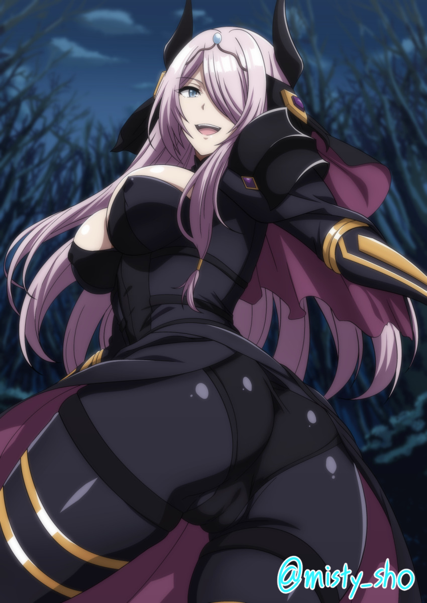 1girl ass bare_tree black_bodysuit black_horns blue_eyes blurry blurry_background bodysuit breasts cameltoe cloud covered_erect_nipples hair_over_one_eye highres horns kage_no_jitsuryokusha_ni_naritakute! large_breasts long_hair makiri_akira open_mouth paid_reward_available purple_hair solo teeth tree twitter_username upper_teeth_only victoria_(kage_no_jitsuryokusha_ni_naritakute!)