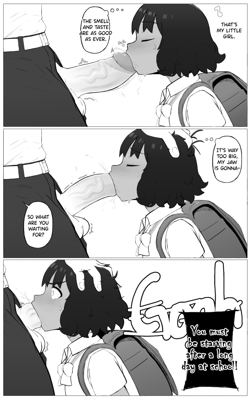 1boy 1girl efisher34 english_text erection father_and_daughter fellatio greyscale hand_on_another&#039;s_head highres incest loli monochrome oral original parent_and_child penis school_uniform testicles