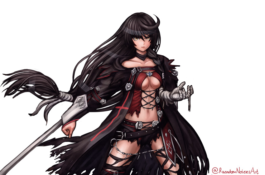 1girl absurdres artist_name bandaged_arm bandages black_choker black_hair braid breasts choker collarbone cowboy_shot hair_between_eyes highres looking_at_viewer medium_breasts navel pointy_ears randomnoisesart shorts solo standing tales_of_(series) tales_of_berseria thighhighs thighs torn_clothes torn_shorts torn_thighhighs transparent_background underboob velvet_crowe yellow_eyes