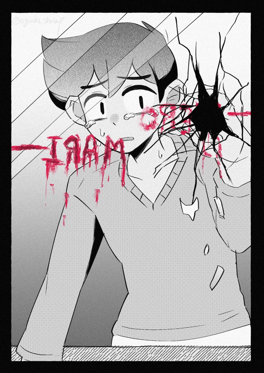 1boy constricted_pupils crying crying_with_eyes_open greyscale hero_(faraway)_(omori) hero_(omori) highres long_sleeves looking_at_mirror male_focus mirror mirrored_text monochrome ogenki_shrimp omori short_hair solo spot_color sweater tears upper_body
