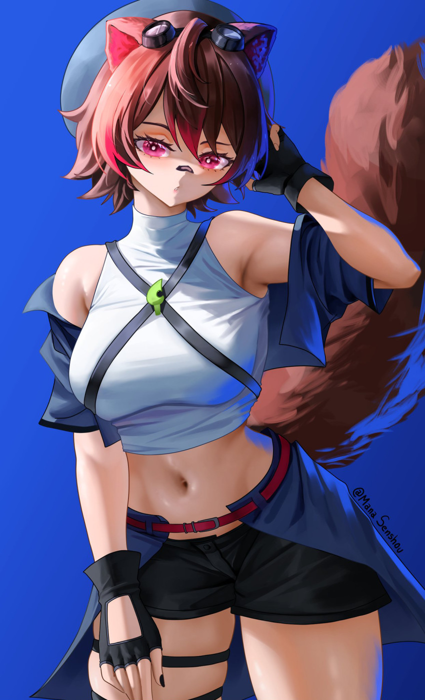 1girl adjusting_hair animal_ears artist_name bare_shoulders black_gloves black_nails black_shorts blue_background blue_cape blue_hat blue_jacket breasts brown_hair cape cowboy_shot cropped_jacket cropped_shirt eyebrows eyelashes female_focus fingerless_gloves fingernails gloves hand_on_own_thigh hand_up hat highres indie_virtual_youtuber jacket jacket_partially_removed large_breasts looking_at_viewer mana_(manasenshou) midriff multicolored_hair nail_polish navel open_clothes open_jacket parted_lips pink_eyes raccoon_ears raccoon_girl raccoon_tail rakkun_sutaru rakkun_sutaru_(4th_costume) red_hair shirt shorts simple_background sleeveless sleeveless_shirt solo standing streaked_hair tail thigh_strap thighs tomboy two-tone_hair virtual_youtuber waist_cape white_shirt