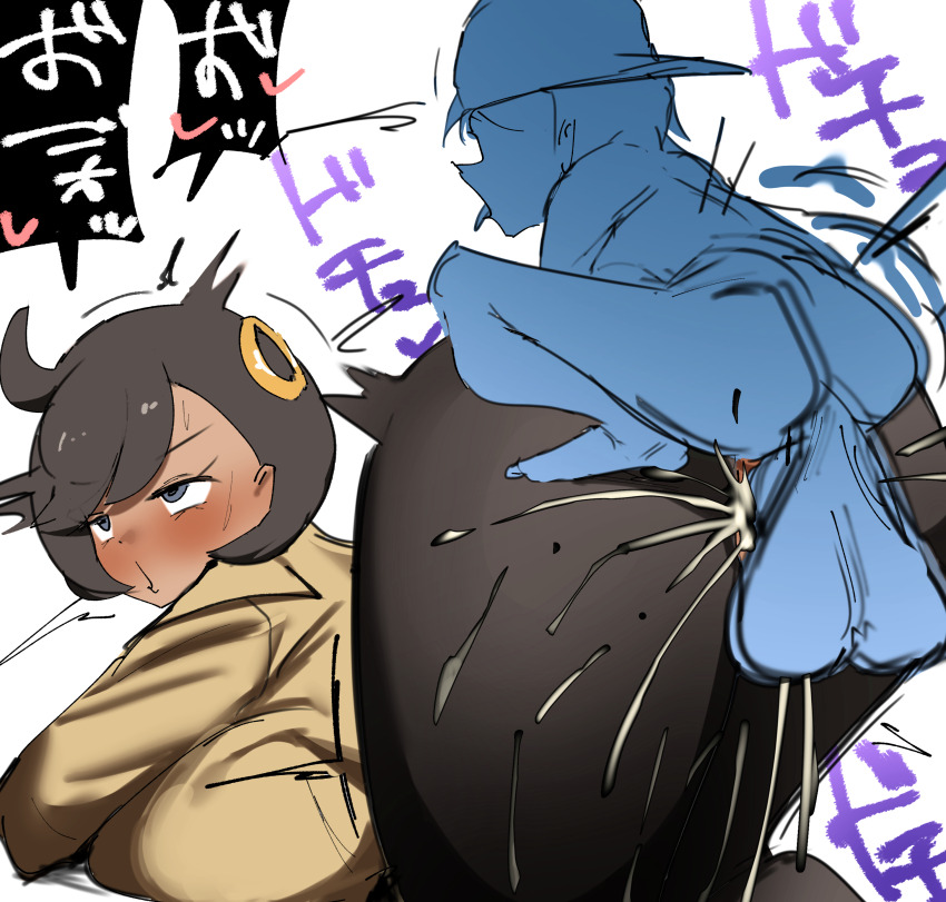 1boy 1girl :o absurdres age_difference ahegao ahoge blush breast_press breasts brown_hair clothed_sex doggystyle dopajiru emma_(pokemon) frog_embrace_position heart highres huge_breasts huge_testicles japanese_text looking_back medium_hair nintendo open_mouth pokemon pokemon_legends:_z-a sagging_testicles sex sex_from_behind shota simple_background size_difference speech_bubble testicles tongue tongue_out vaginal white_background