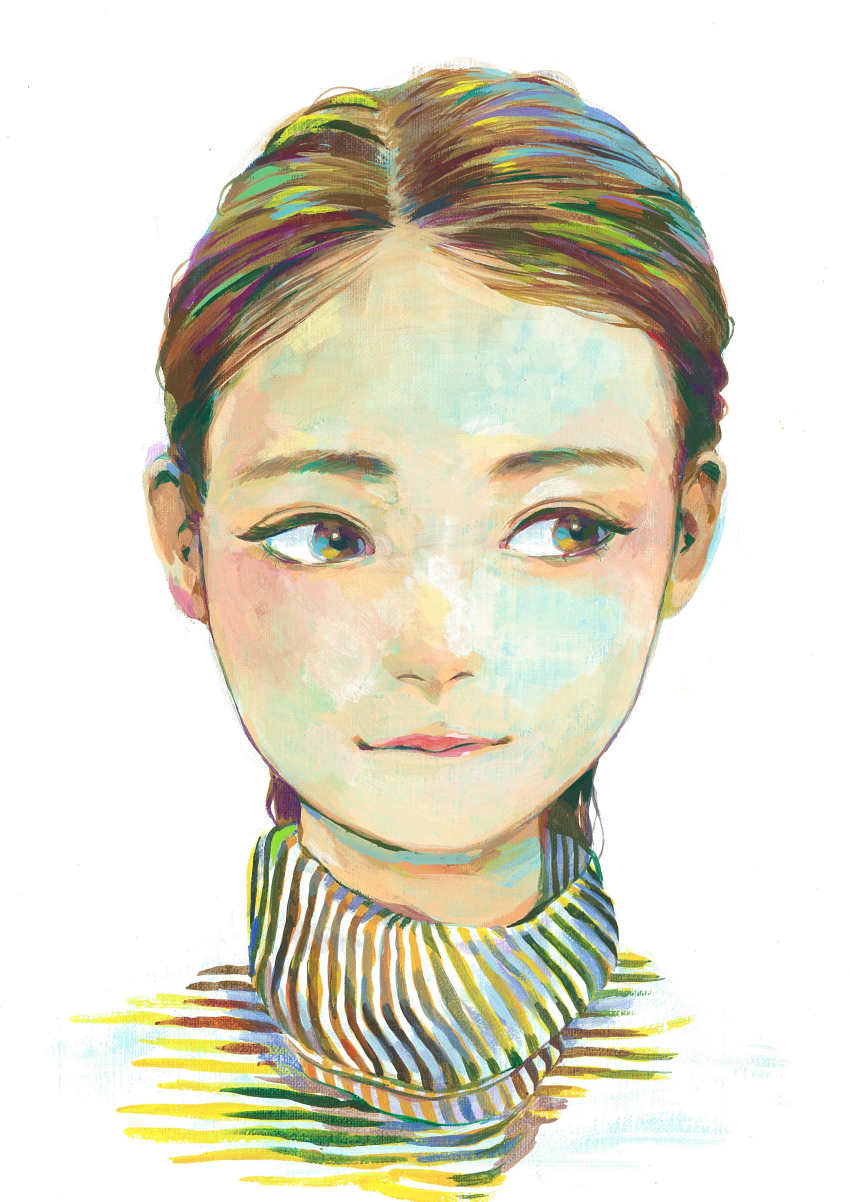 1girl absurdres acrylic_paint_(medium) blush brown_hair hair_pulled_back highres junjunforever looking_to_the_side multicolored_eyes multicolored_hair original painting_(medium) parted_hair pinstripe_pattern portrait simple_background smile solo striped traditional_media turtleneck white_background