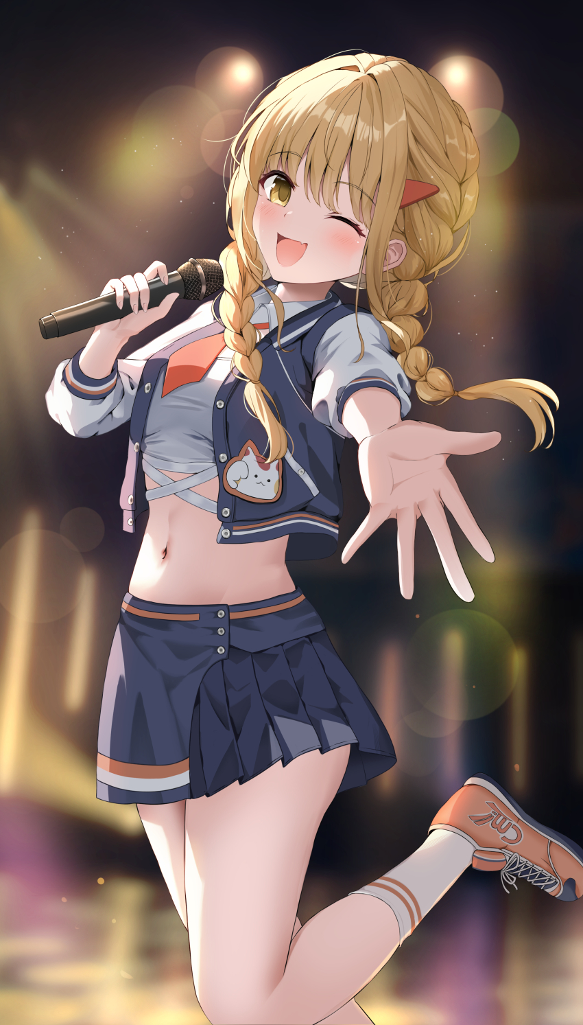 1girl absurdres blonde_hair blue_jacket blue_skirt blurry blush bokeh braided_twintails brown_shoes collared_shirt commentary concert crop_top cropped_jacket cropped_shirt depth_of_field english_commentary fang foot_up fujita_kotone gakuen_idolmaster hand_up highres holding holding_microphone idolmaster jacket kukeylove linea_alba long_hair looking_at_viewer microphone miniskirt multicolored_jacket navel necktie one_eye_closed open_clothes open_jacket open_mouth outstretched_arm pleated_skirt reaching reaching_towards_viewer red_necktie shirt shoes short_necktie skin_fang skirt smile socks solo standing stomach unbuttoned white_jacket white_shirt white_socks wing_collar yellow_eyes