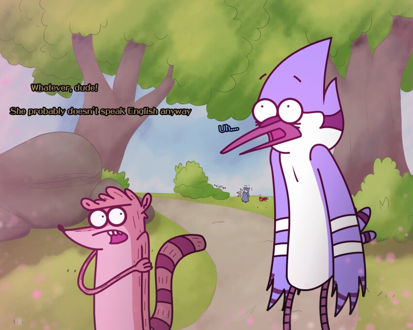 2boys bird_boy commentary english_commentary english_text highres male_focus mordecai_(regular_show) multiple_boys outdoors raccoon_boy regular_show rigby rownou tree