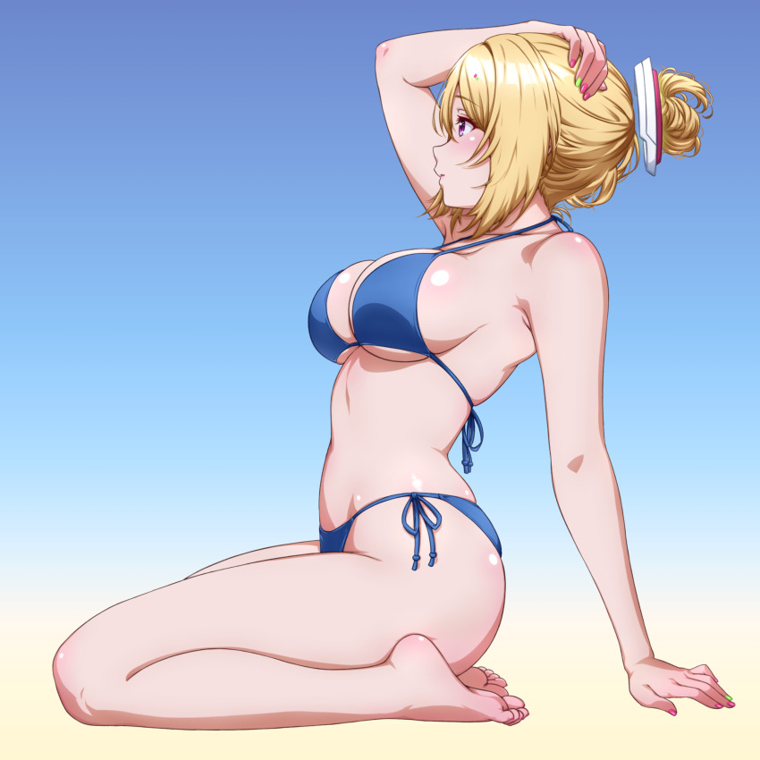 1girl absurdres aki_rosenthal alternate_costume arm_support armpit_crease barefoot bikini blonde_hair blue_background blue_bikini breasts collarbone feet from_side full_body gradient_background green_nails hair_between_eyes hand_on_own_head highres hololive large_breasts legs micro_bikini nail_polish p-nekoe parted_lips pink_nails purple_eyes seiza side-tie_bikini_bottom sitting skindentation soles solo swimsuit thighs toes virtual_youtuber