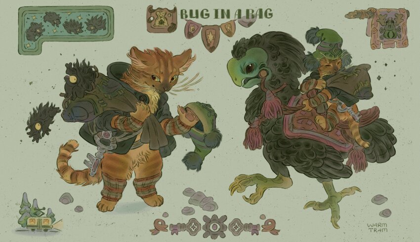 animal arm_warmers artist_name bag bird bug cat creature english_text full_body green_background green_hat green_theme hat highres holding holding_reins holding_unworn_clothes holding_unworn_hat hood hooded_jacket jacket key leg_warmers no_humans orange_cat original reins riding rock saddle signature simple_background unworn_hat unworn_headwear warmtram yellow_eyes