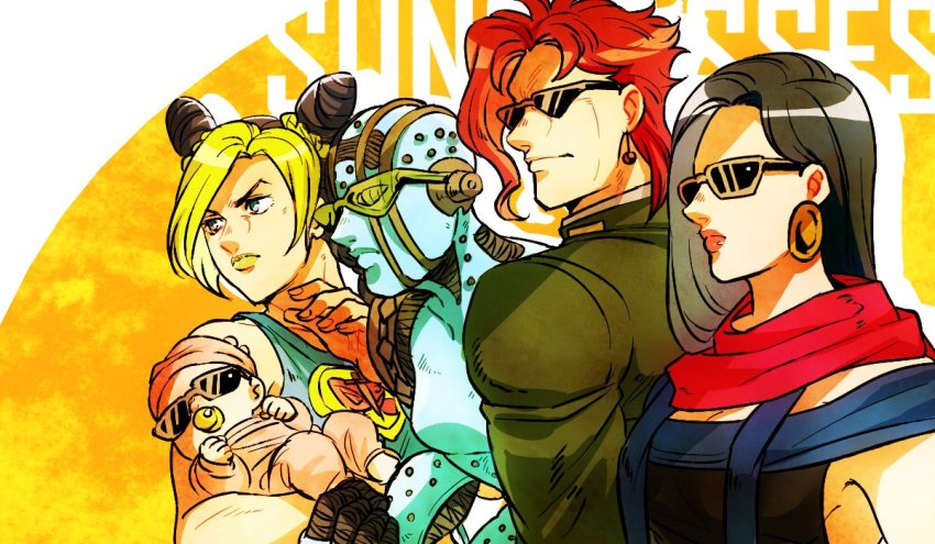 1boy 3girls baby black_hair blonde_hair braid carrying double_bun earrings hair_bun hat imaru_(yashiro19950425) jewelry jojo_no_kimyou_na_bouken kakyoin_noriaki kuujou_jolyne lipstick lisa_lisa long_hair makeup multicolored_hair multiple_girls off_shoulder pacifier red_hair red_lips red_scarf scarf shizuka_joestar stand_(jojo) stone_free sunglasses trait_connection two-tone_hair yellow_lips