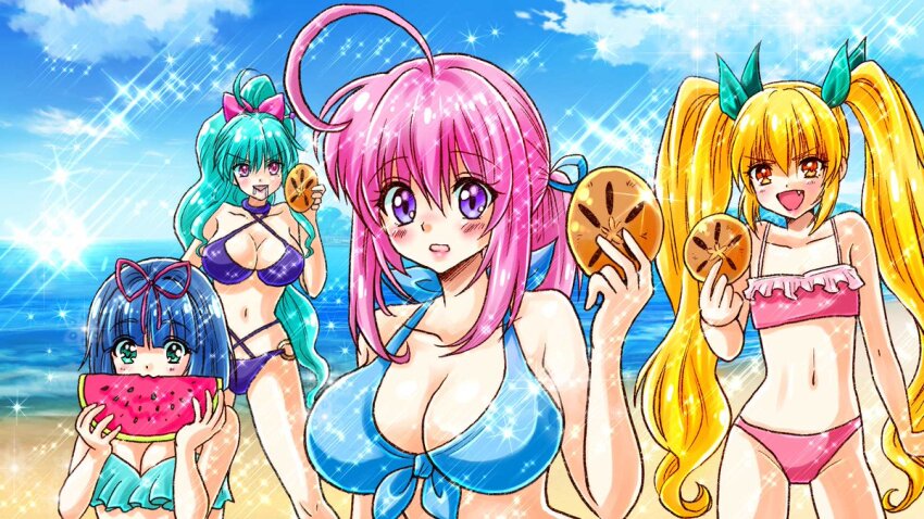 4girls ahoge beach bikini blue_bikini blue_hair blush blush_stickers breasts cleavage drooling eating eyebrows_hidden_by_hair fang food frilled_bikini frills fruit green_eyes green_hair green_ribbon hair_between_eyes hair_ribbon holding holding_food holding_water_gun ideura_shizuri_(neet_kunoichi) izumi_hina_(neet_kunoichi) large_breasts lips long_hair looking_at_viewer momochi_ayame_(neet_kunoichi) multiple_girls natsumi_kanna_(neet_kunoichi) navel neet_de_otaku_na_kunoichi_to_naze_ka_dousei_hajimemashita ocean official_art open_mouth orange_eyes pink_bikini pink_eyes pink_hair pink_ribbon purple_bikini purple_eyes ribbon second-party_source shoko-tan smile sparkle stomach swimsuit twintails upper_body very_long_hair water_gun watermelon watermelon_slice