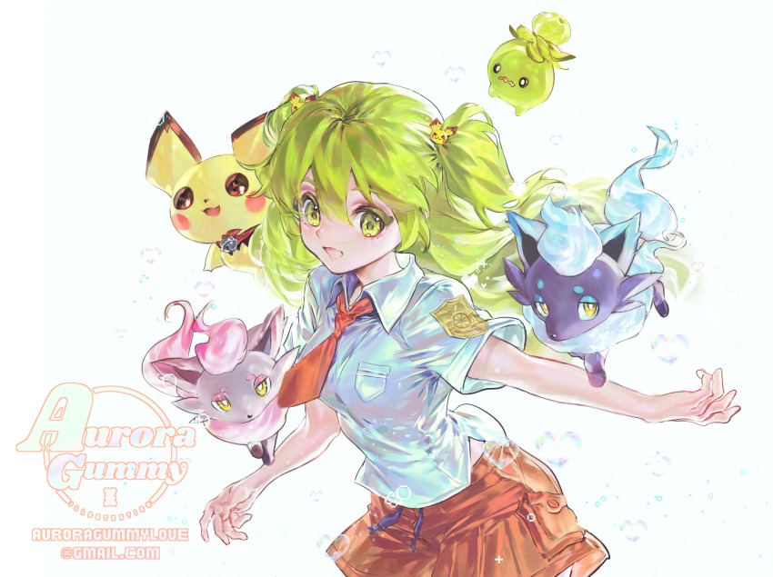 1girl :d alternate_color artist_name auroragummy breast_pocket character_hair_ornament collared_shirt commentary commission creatures_(company) email_address game_freak gen_2_pokemon green_eyes green_hair hair_between_eyes hair_ornament highres hisuian_zorua korean_commentary long_hair necktie nintendo open_mouth orange_necktie orange_shorts pichu pocket pokemon pokemon_(creature) pokemon_sv shiny_pokemon shirt short_sleeves shorts smile smoliv two_side_up watermark