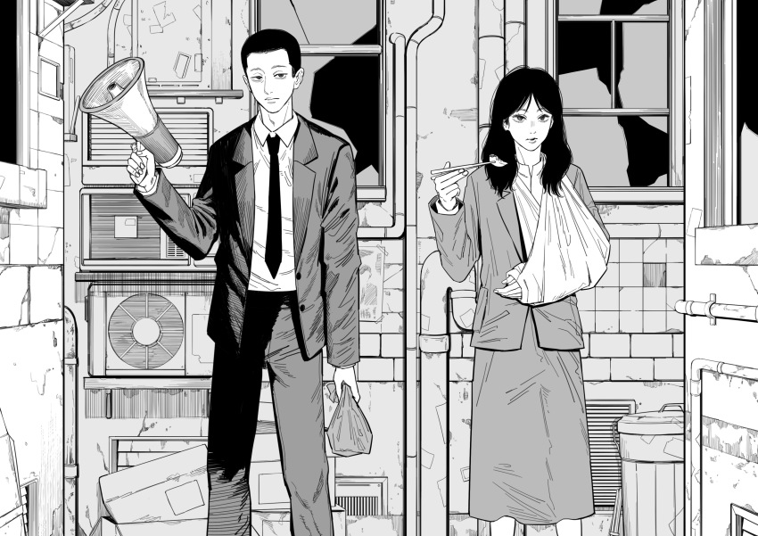 1boy 1girl absurdres arm_cast arm_sling bag broken_window buzz_cut chinese_commentary chopsticks commentary_request condenser_unit dumpling food formal_clothes greyscale highres holding holding_bag holding_chopsticks holding_megaphone jacket kiunchiku medium_hair medium_skirt megaphone monochrome necktie sebumi_takeru short_hair skirt spec suit touma_saya trash_can very_short_hair