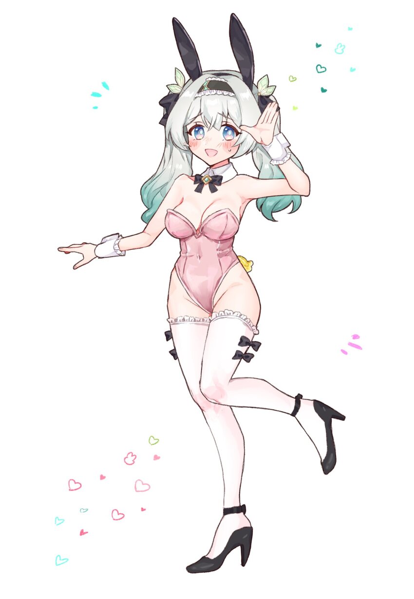 1girl animal_ears black_hairband black_ribbon black_shoes blush blush_stickers breasts cleavage covered_navel eeeeekyawaiii firefly_(honkai:_star_rail) frilled_hairband frilled_thighhighs frilled_wrist_cuffs frills gradient_hair green_pupils grey_hair hair_between_eyes hair_intakes hair_ornament hair_ribbon hairband heart highres honkai:_star_rail honkai_(series) large_breasts leotard long_hair multicolored_eyes multicolored_hair open_mouth pink_leotard playboy_bunny rabbit_ears ribbon shoes simple_background smile solo sweatdrop thighhighs twintails white_background white_thighhighs white_wrist_cuffs wrist_cuffs