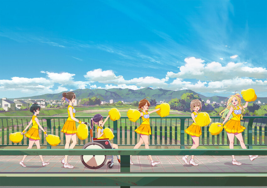 6+girls :d ahoge anna_aveiro bare_arms black_hair blonde_hair blue_eyes blue_hair blue_sky bridge brown_hair building cheerleader closed_eyes cloud colored_inner_hair day field green_eyes green_hair hair_bun hair_ribbon highres holding holding_pom_poms kaionji_megumi landscape long_hair misora_kanata mountainous_horizon multicolored_hair multiple_girls na_nare_hana_nare obunai_suzuha official_art ootani_nodoka open_mouth orange_hair orange_skirt outdoors pom_pom_(cheerleading) pom_poms ponytail railing ribbon rural shirt short_hair skirt sky sleeveless sleeveless_shirt smile tanizaki_shion two-tone_hair two-tone_skirt walking wheelchair white_footwear yellow_shirt yellow_skirt