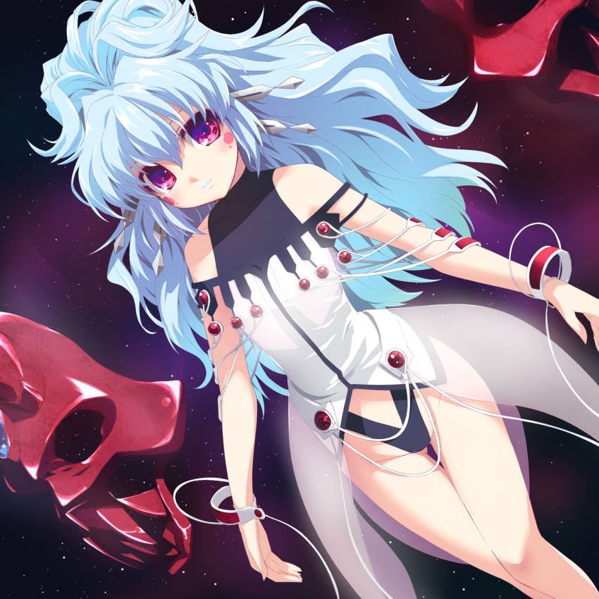 1girl alfimi banpresto bare_legs bare_shoulders blue_hair bracelet facial_mark female_focus grune highres hip_focus jewelry legs lipstick long_hair makeup persoenlichkeit red_eyes see-through_clothes smile solo super_robot_wars super_robot_wars_original_generation thigh_gap thighs thong very_long_hair wavy_hair wide_hips