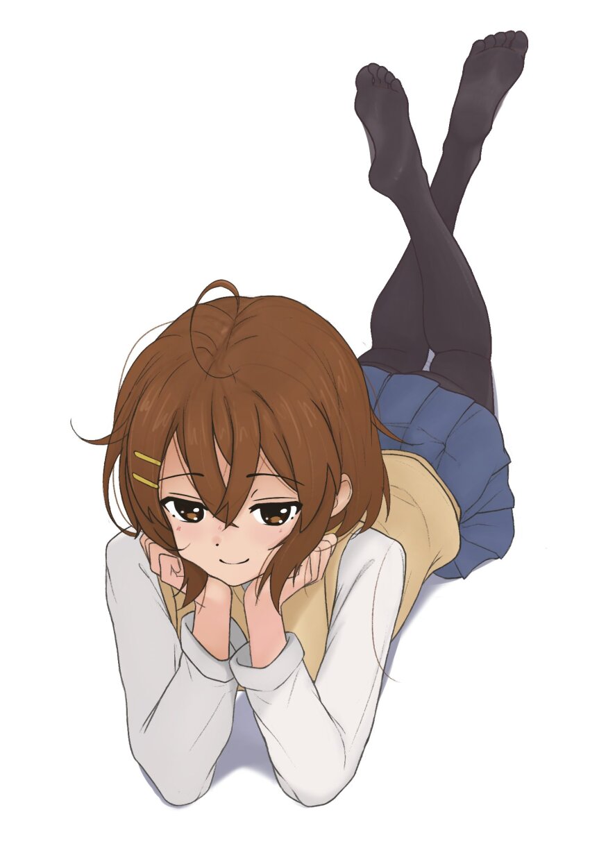 1girl ahoge andreypavlow black_pantyhose blue_skirt blush brown_eyes brown_hair closed_mouth commentary crossed_ankles crossed_bangs english_commentary feet feet_up full_body hair_between_eyes hair_ornament hairclip highres hirasawa_yui k-on! long_sleeves looking_at_viewer lying medium_hair miniskirt no_shoes on_stomach pantyhose sakuragaoka_high_school_uniform school_uniform shadow simple_background skirt smile soles solo the_pose toes white_background
