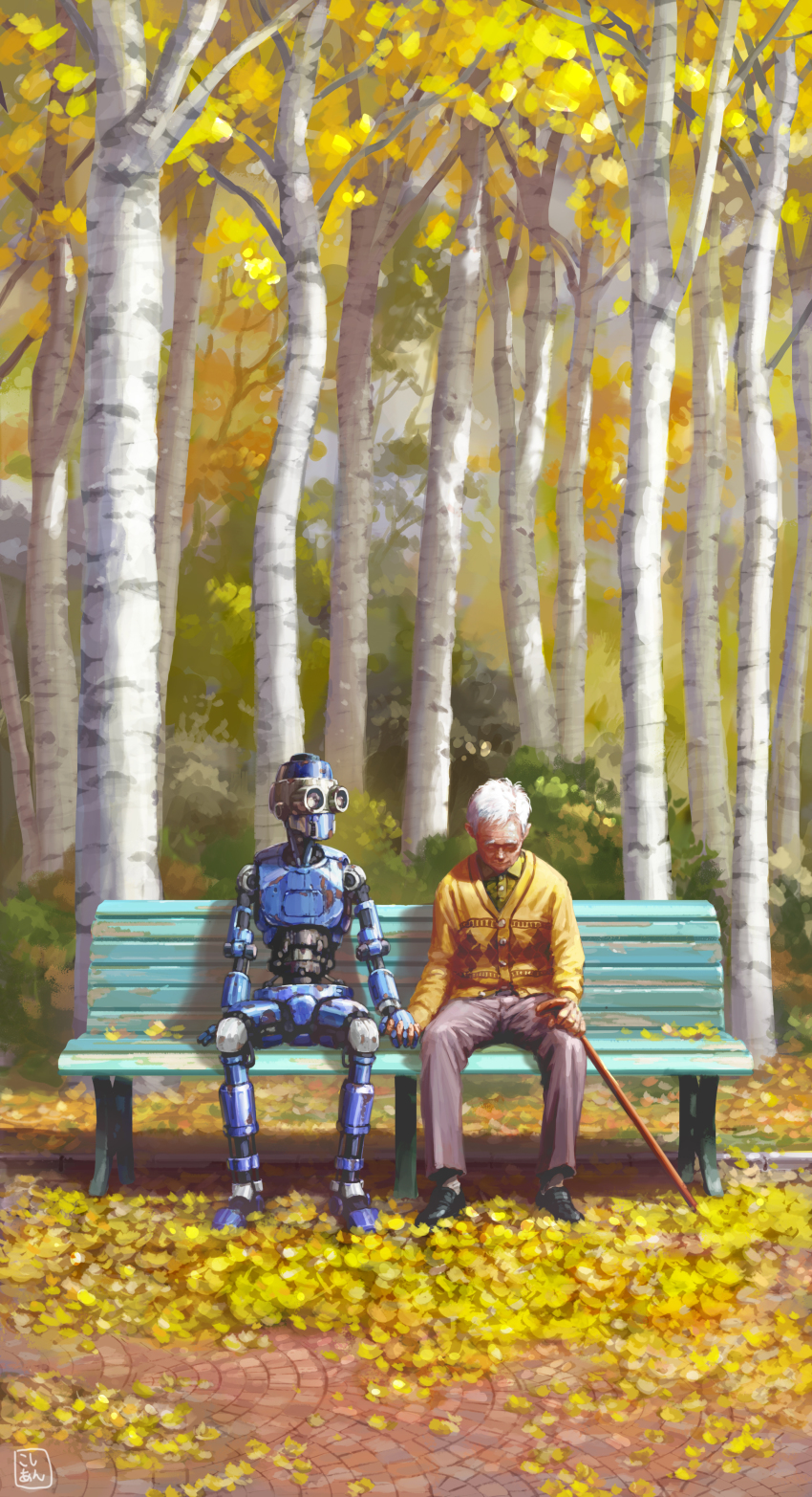 1boy absurdres autumn_leaves bench brick_road bush cane closed_eyes head_down highres holding holding_cane holding_hands interlocked_fingers kosian leaf looking_down old old_man on_bench original pants robot science_fiction shoes signature sitting sweater tree white_hair yellow_leaves