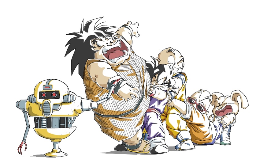 5boys bald black_hair brown_tunic dougi dragon_ball dragonball_z group_picture kuririn male_focus medium_hair multiple_boys muten_roushi n_(n14542698) oolong orange_pants orange_shirt pants pig purple_pants purple_shirt robot shirt simple_background son_gohan spiked_hair suspenders tunic white_background yajirobe