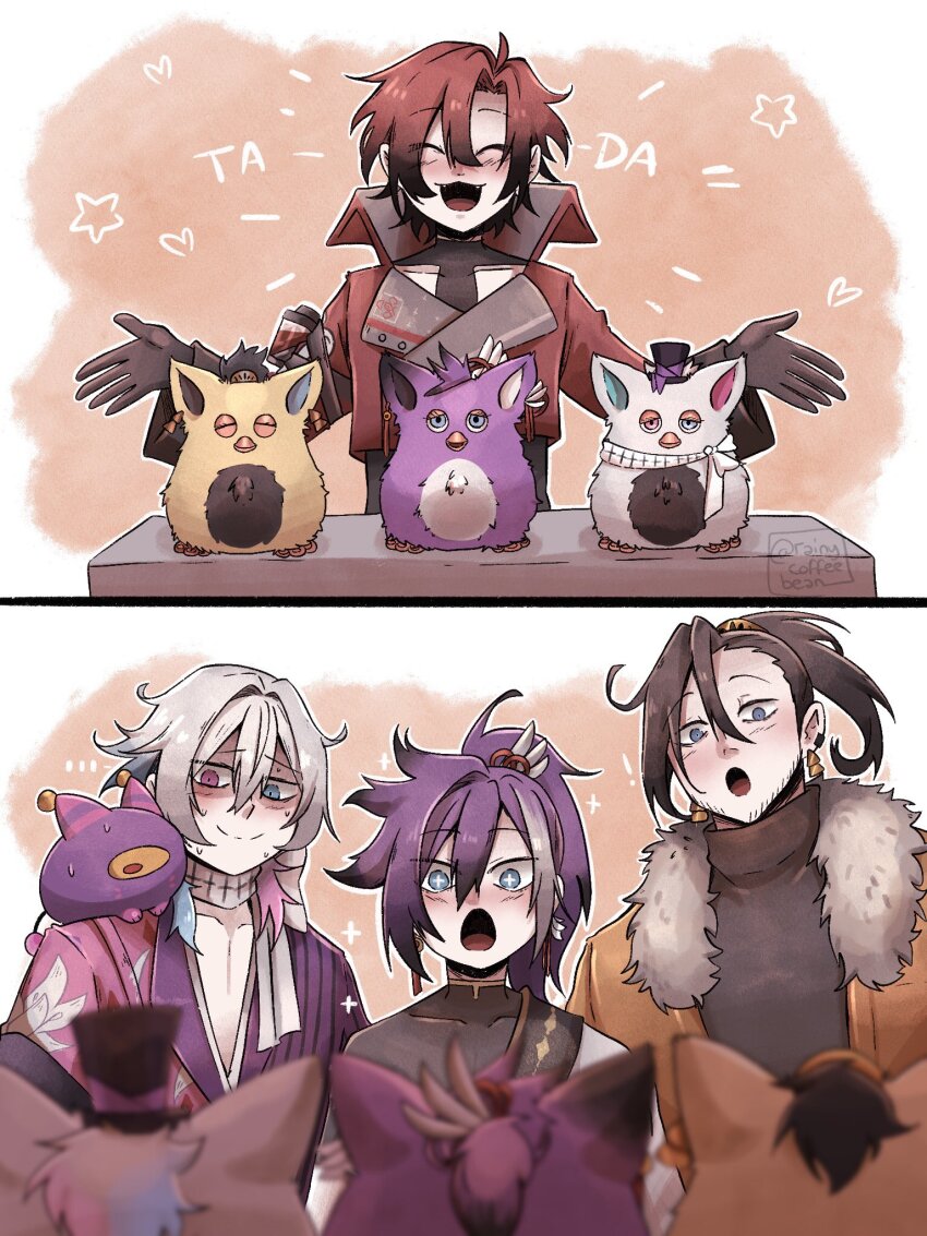 +_+ 4boys :3 banzoin_hakka banzoin_hakka_(1st_costume) beard_stubble black_gloves black_hair blue_eyes blue_hair blush coat commentary creature creature_on_shoulder earrings english_commentary facial_hair feathers fur-trimmed_jacket fur_trim furby gavis_bettel gavis_bettel_(1st_costume) gloves grey_hair hair_between_eyes happy hasbro heterochromia highres holostars holostars_english jacket jewelry josuiji_shinri long_hair long_sleeves machina_x_flayon machina_x_flayon_(1st_costume) male_focus medium_hair multicolored_coat multicolored_hair multiple_boys nervous_sweating on_shoulder open_mouth orange_jacket outline pink_eyes pink_hair ponytail purple_hair rainycoffeebean red_hair red_jacket scarf short_hair side_part smile streaked_hair striped_coat stubble surprised sweat tassel tassel_earrings twitter_username upper_body virtual_youtuber white_hair white_outline white_scarf
