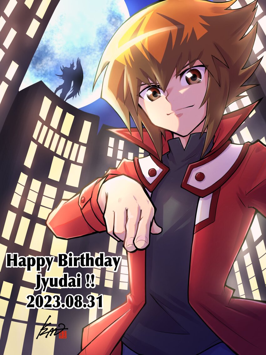 1boy absurdres black_shirt brown_eyes building dated duel_academy_uniform_(yu-gi-oh!_gx) duel_monster elemental_hero_flame_wingman full_moon gotcha hair_between_eyes happy_birthday highres huge_moon jacket kazuma_ksher long_sleeves male_focus moon multicolored_hair pointing pointing_at_viewer red_jacket shirt short_hair silhouette skyscraper solo two-tone_hair upper_body yu-gi-oh! yu-gi-oh!_gx yuki_judai