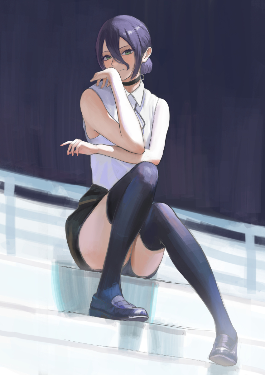 1girl absurdres black_choker black_hair black_shoes black_shorts black_thighhighs chainsaw_man choker collared_shirt green_eyes hair_between_eyes hair_bun highres loafers reze_(chainsaw_man) shirt shoes shorts sleeveless sleeveless_shirt solo thighhighs white_shirt yujia