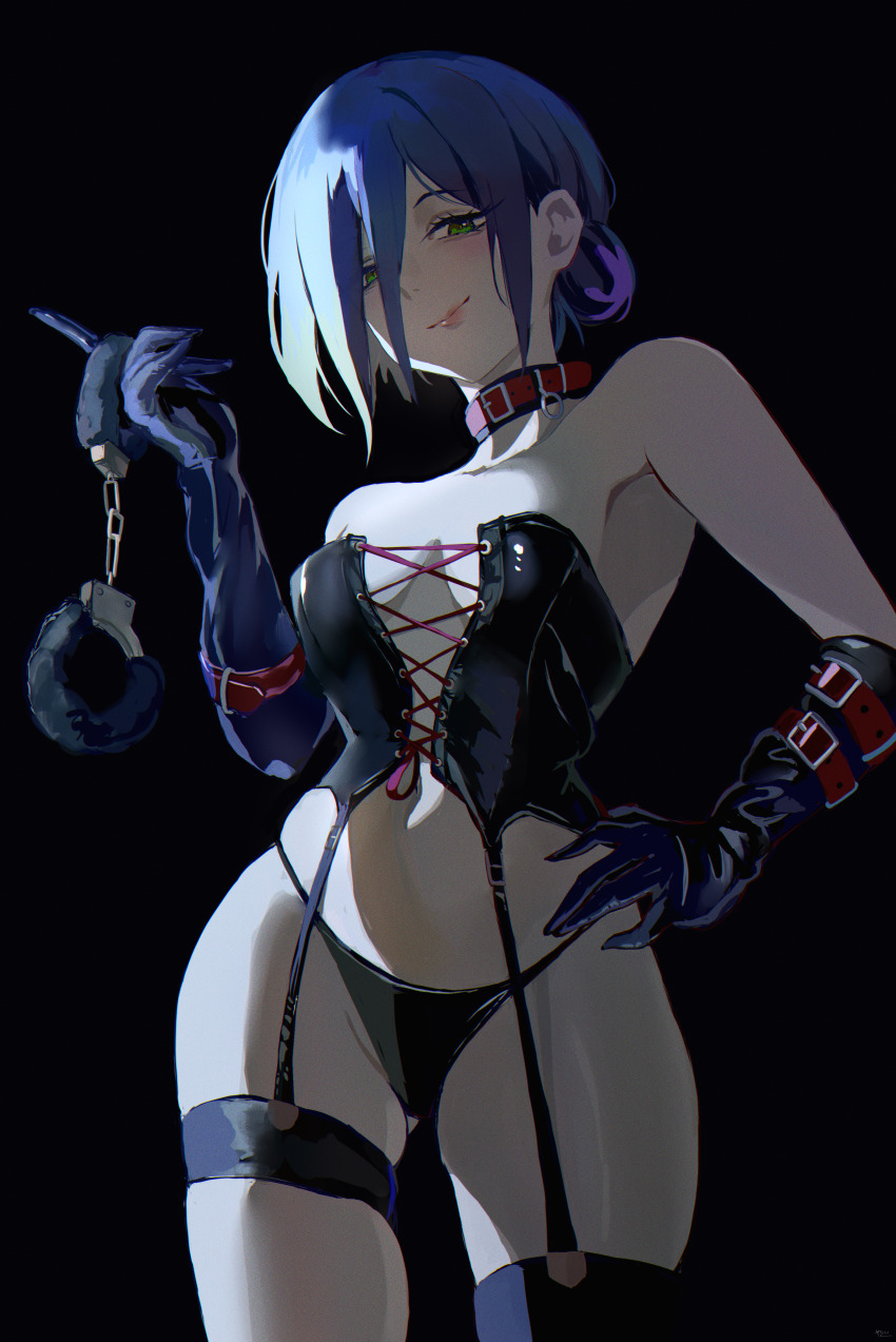 1girl absurdres black_background black_panties black_thighhighs blue_gloves blue_hair breasts chainsaw_man closed_mouth collar cuffs elbow_gloves gloves green_eyes handcuffs highres holding holding_handcuffs looking_at_viewer panties reze_(chainsaw_man) simple_background single_thighhigh small_breasts thigh_strap thighhighs underwear yato_(yama0x1)