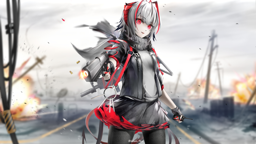 1girl aiming aiming_at_viewer arknights bad_id bad_pixiv_id black_gloves black_jacket black_pantyhose black_skirt blurry blurry_background breasts commentary_request cowboy_shot day depth_of_field explosion fingerless_gloves firing fn_five-seven gloves grey_hair grey_shirt gun handgun holding holding_gun holding_weapon jacket looking_at_viewer muzzle_flash nail_polish open_clothes open_jacket outdoors pantyhose parted_lips pdw-caliber_pistol pleated_skirt puffy_short_sleeves puffy_sleeves red_eyes red_nails shirt short_sleeves skirt small_breasts smile solo twitter_username w_(arknights) weapon weapon_request yokaze_(yokajie)
