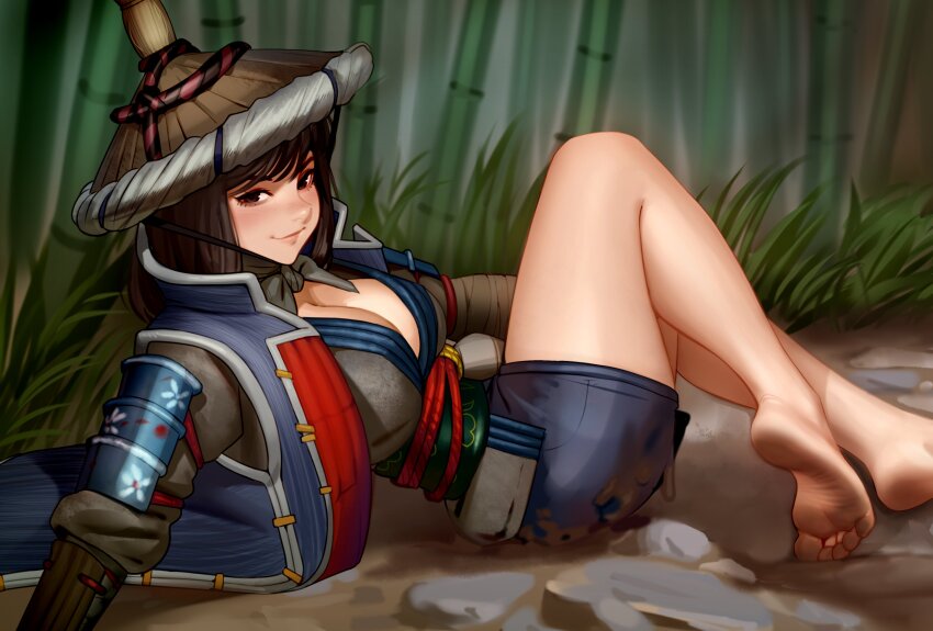 1girl absurdres armor bamboo bamboo_forest barefoot blush breasts brown_eyes brown_hair cleavage commentary dirty dirty_clothes dirty_feet english_commentary feet for_honor forest gourd hat highres japanese_armor kairunoburogu kote large_breasts legs legs_together light_smile lips looking_at_viewer medium_hair mud nature nobushi_(for_honor) obi on_ground red_rope rice_hat ronin rope rope_belt sash soles solo thighs toes