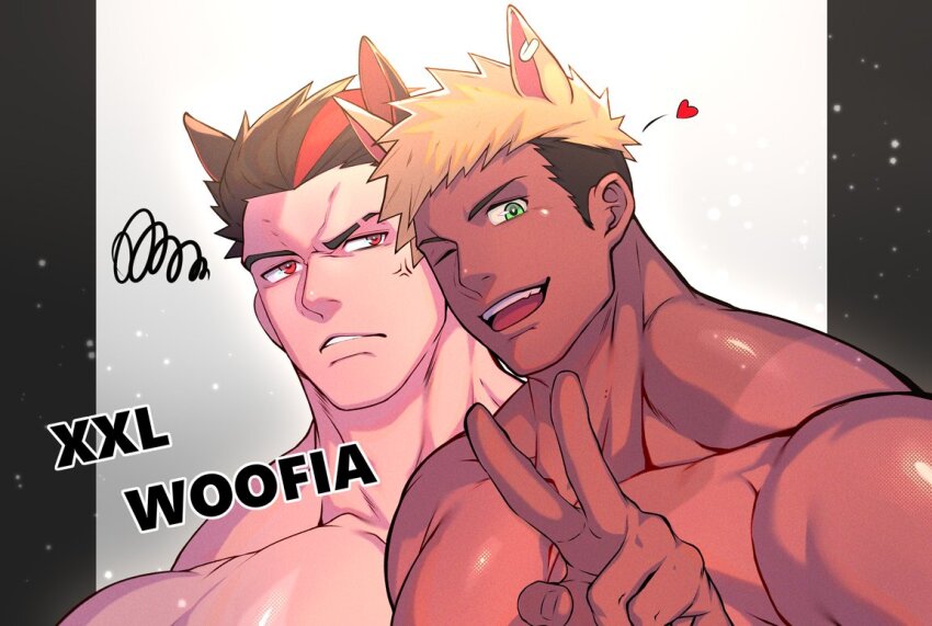 2boys anger_vein animal_ears annoyed bara blonde_hair character_request copyright_name dark-skinned_male dark_skin firenzesaika golden_ryder_(xxl) green_eyes heart horse_boy horse_ears looking_at_another looking_at_viewer male_focus multicolored_hair multiple_boys muscular muscular_male one_eye_closed open_mouth pectorals red_eyes smile squiggle streaked_hair topless_male upper_body v xxl_woofia