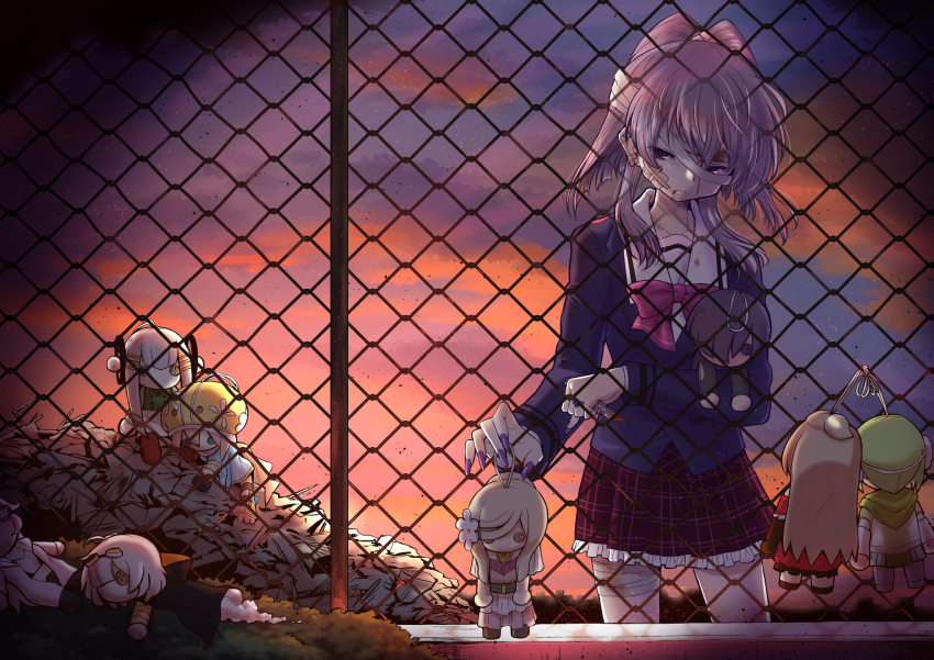 1girl ahoge aika_himena azumi_hagumu back_bow backlighting bandage_on_face bandage_on_leg bandages bangs_pinned_back belt black_cloak black_hair black_shirt blazer blonde_hair blood blood_from_mouth blood_on_face blue_dress blue_eyes blue_jacket blunt_bangs boots bow bowtie boxcutter brown_belt brown_gloves brown_skirt button_eyes buttons chain-link_fence character_doll cloak closed_mouth cloud cloudy_sky commentary_request cowboy_shot double_bun dress earrings fence fingernails flower frilled_skirt frills gauze glasses gloves goggles goggles_on_head green_eyes green_hair green_hoodie green_shirt grey_hair hair_between_eyes hair_bun hair_flower hair_ornament half_updo helmet highres hiko_(madoka_magica) holding holding_boxcutter hood hood_down hoodie injury inline_skates jacket jewelry kagura_san kamihama_future_academy_school_uniform kazari_jun kurusu_alexandra layered_sleeves long_fingernails long_hair long_sleeves looking_at_object looking_down magia_record:_mahou_shoujo_madoka_magica_gaiden magical_girl mahou_shoujo_madoka_magica medium_hair miniskirt miwa_mitsune miyabi_shigure mystical_high_collar no_fingers no_hands orange_cloak orange_eyes orange_ribbon partially_unzipped pile pink_bow pink_bowtie pink_dress pink_eyes pink_hair plaid_clothes plaid_skirt pleated_skirt purple_eyes purple_hair purple_nails red_dress ribbon roller_skates school_uniform shirt shoes short_dress short_hair sidelocks skates skirt sky striped_sleeves stuffed_toy stuffing sunset torn touyu_(yuruyuruto) two-sided_cloak two-sided_fabric very_long_hair very_short_hair white_flower white_shirt wing_collar yukari_miyuri